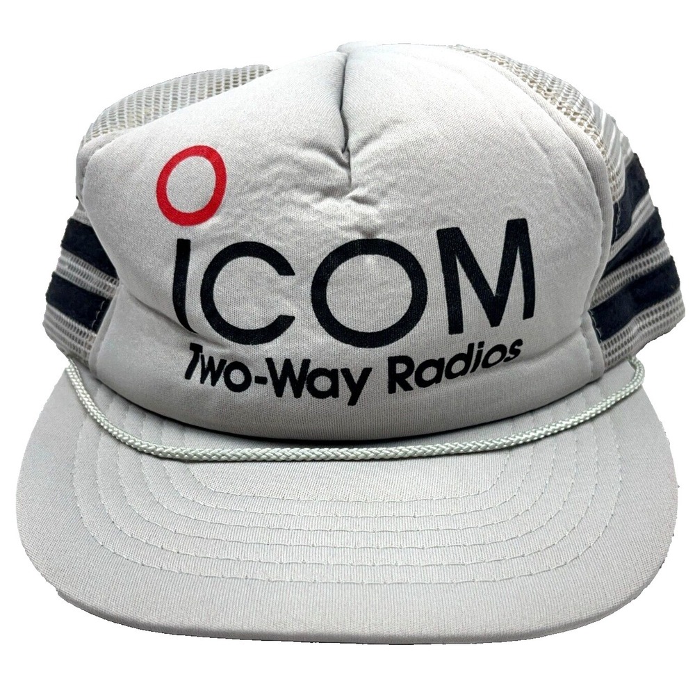 Vintage‎ Icom CB Radio Trucker Hat Cap 3 Side Stripe Trucking 90s Rope Snap Back